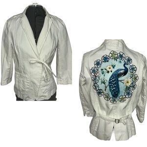 Vintage French Connection White Wrap Blazer with Peacock Embellishment on Back